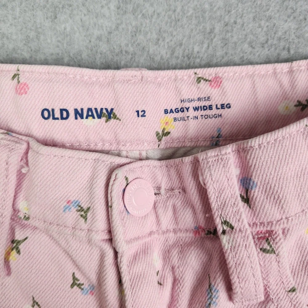 Old‎ Navy Baggy Jeans Girls 12 Pink Floral Built-In Tough Y2K High Rise Wide Leg